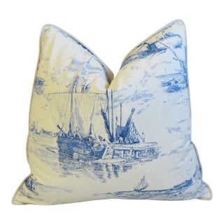 French Blue & White Nautical Coastal Tall Ship Feather/Down Pillow 24" Square For Sale