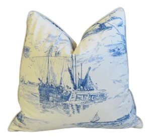 French Blue & White Nautical Coastal Tall Ship Feather/Down Pillow 24" Square
