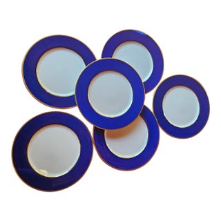 Stylish Cobalt Blue and Gold Banded Salad or Dessert Plates by Mikasa - Set of 6 For Sale
