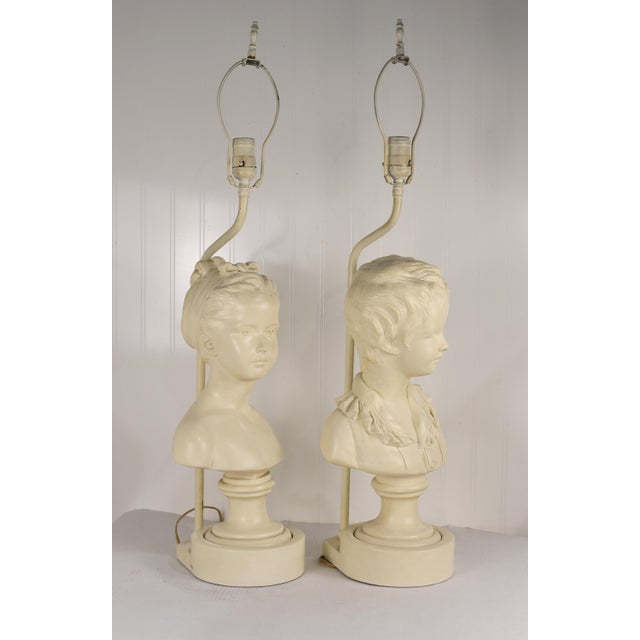 Vintage Cast Plaster Busts Louise & Alexandre Brongniart Lamps Reproductions - a Pair For Sale - Image 4 of 12