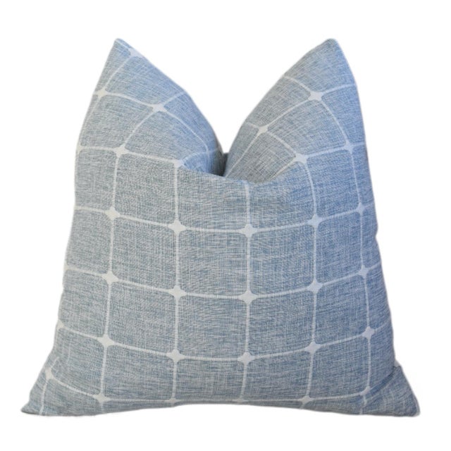 Blue & White Woven Designer Coastal Feather/Down Pillow For Sale - Image 4 of 5
