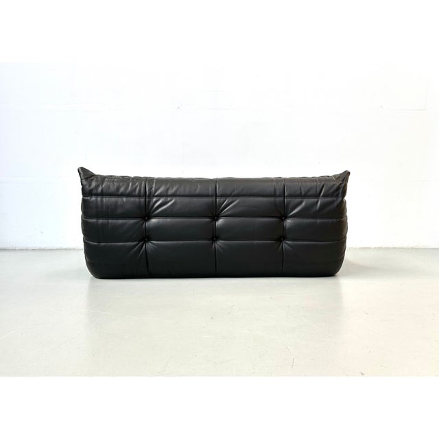 French Togo Sofa in Thick Black Cow Leather attributed to Michel Ducaroy for Ligne Roset, 1970s For Sale - Image 10 of 12