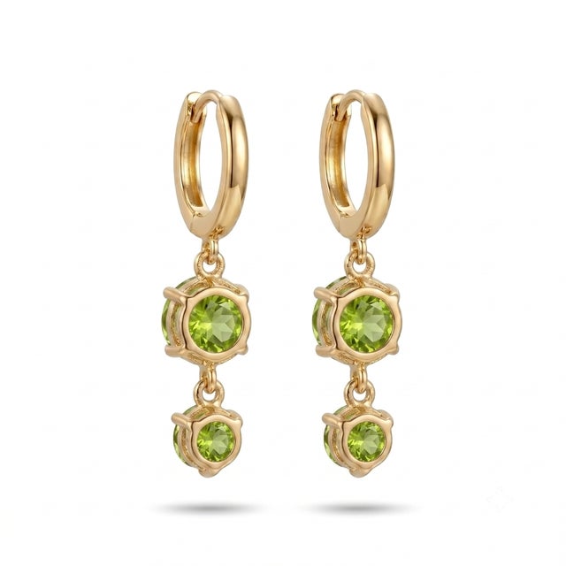 Peridot Graduated Double Drop 18k Gold Plated Huggies, August Birthstone Earrings - A Pair For Sale - Image 6 of 6