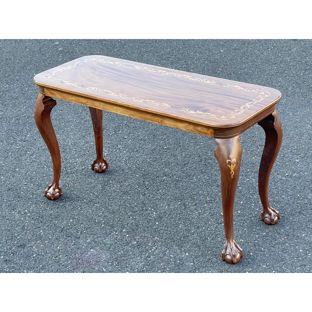 Victorian Antique Chippendale Claw Foot Walnut Coffee Table With Inlay For Sale - Image 3 of 7