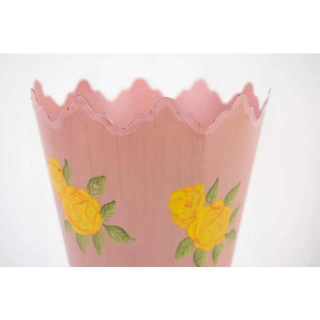 Vintage 1960's Pink With Yellow Flowers Metal Tin Vase For Sale In Minneapolis - Image 6 of 12