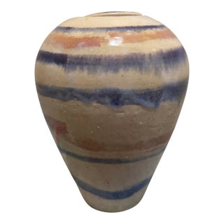 Vintage Studio Art Pottery Striped Ceramic Vase - Blue, Tan, & Peach Glaze Hand-Thrown Boho Decor For Sale