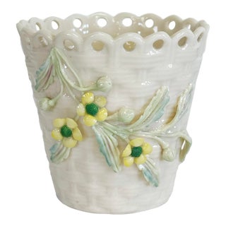 Vintage Belleek Ireland Porcelain Floral Basketweave Spill Vase For Sale