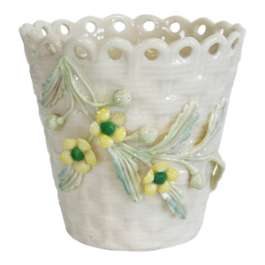 Vintage Belleek Ireland Porcelain Floral Basketweave Spill Vase