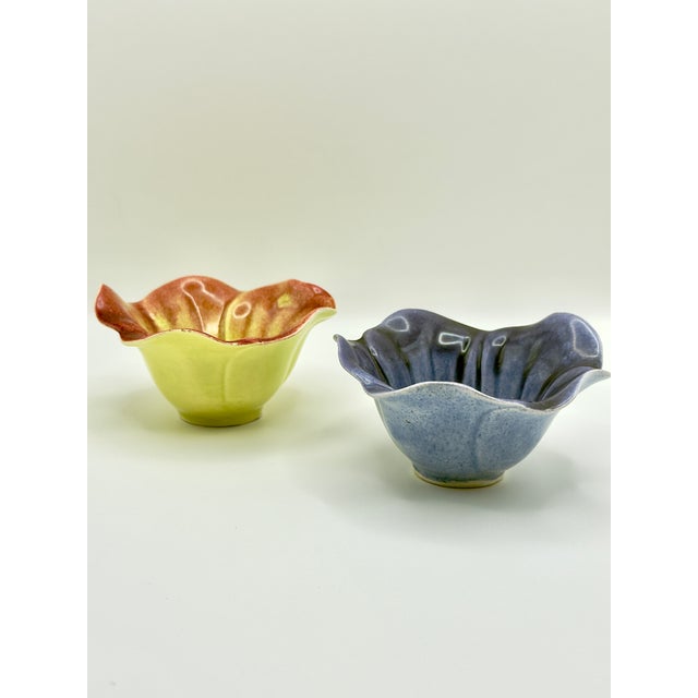Mid-Century Modern Handmade Vintage Ceramic Flower Bowls – Set of 2 For Sale - Image 3 of 9