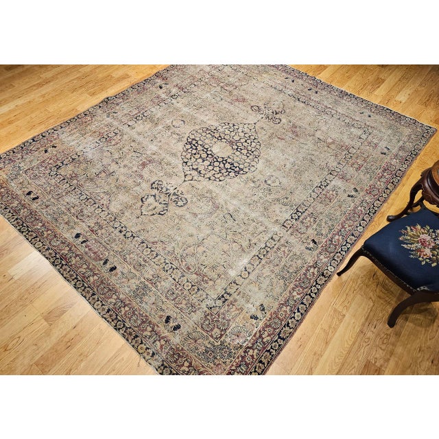 19th Century Persian Kerman Lavar Rug, Hand-Knotted Wool, Floral Pattern, Ivory & Black, 9x10 For Sale - Image 9 of 18