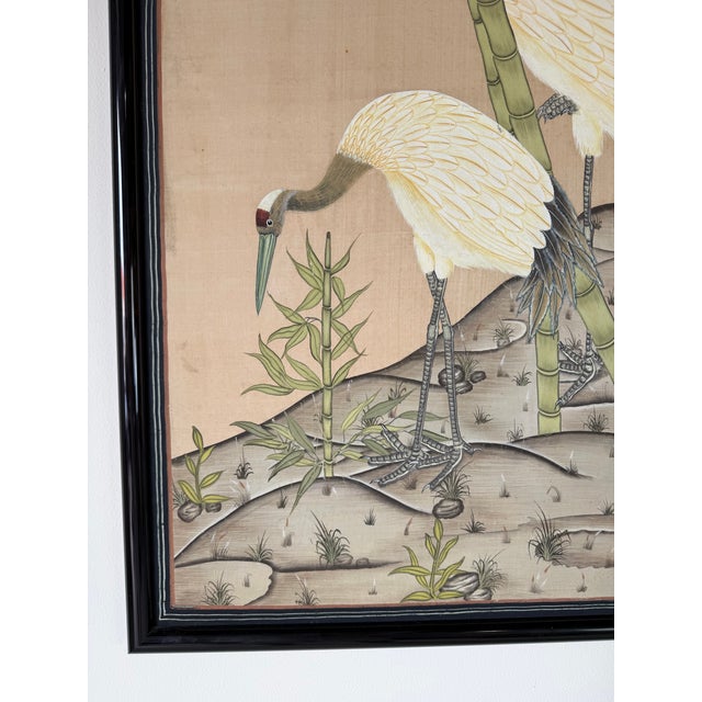 Vintage Japanese Red-Crowned Cranes in Bamboo Garden Tropical Landscape Art Painted Silk Scroll For Sale - Image 9 of 12