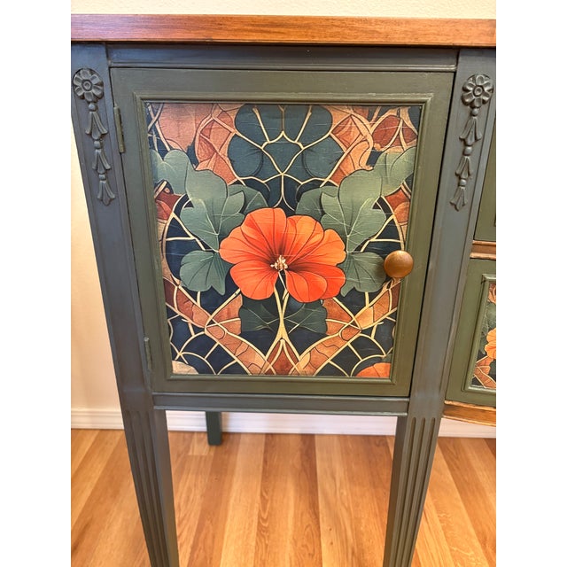 1940s Vintage Mahogany Painted Credenza Featuring "Poppies" For Sale - Image 5 of 12