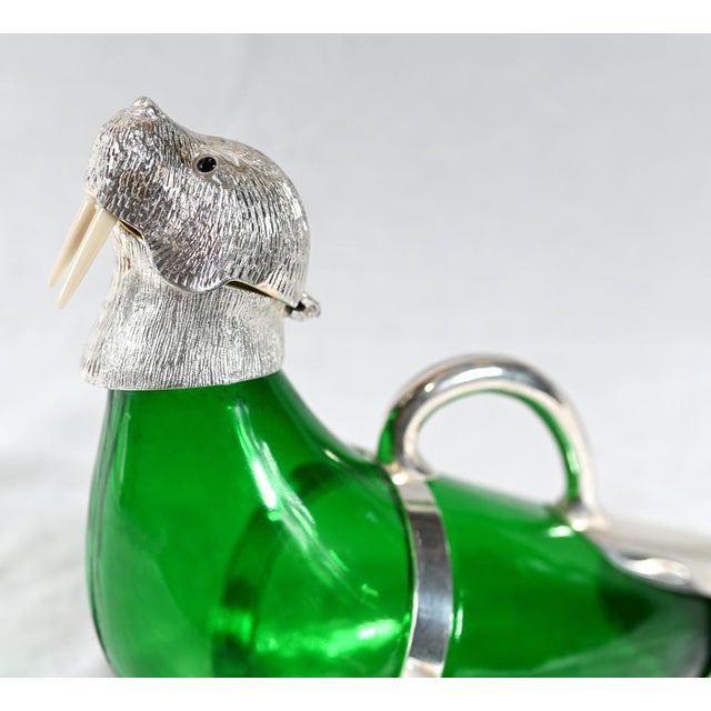 Silver-Plated Green Glass Walrus Decanter Bottle For Sale - Image 4 of 9