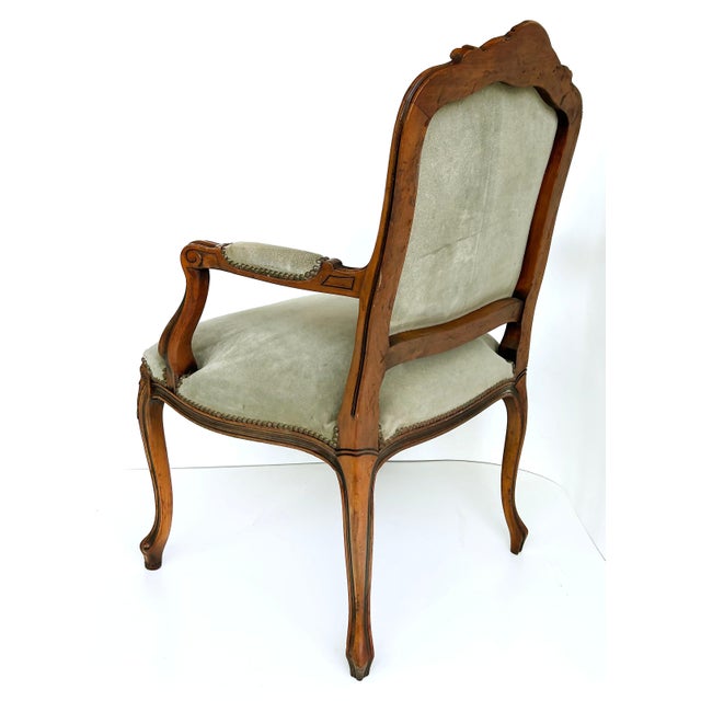 Italian Chateau d'Ax Carved Armchairs in Suede with Brass NailHeads, Pair Offered for sale is a pair of Italian carved...