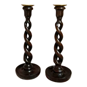 Pair Set Antique English Oak Open Barley Twist Candlesticks Candle Holder Brass