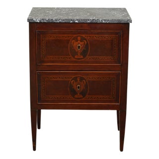 Petite Italian 18th Century Neoclassical Commode with Marble Top and Marquetry For Sale