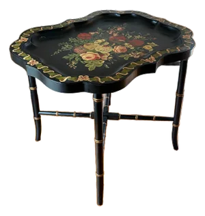 Vintage Chinoiserie Black Neiman Marcus Black Hand Painted Floral Tray Table