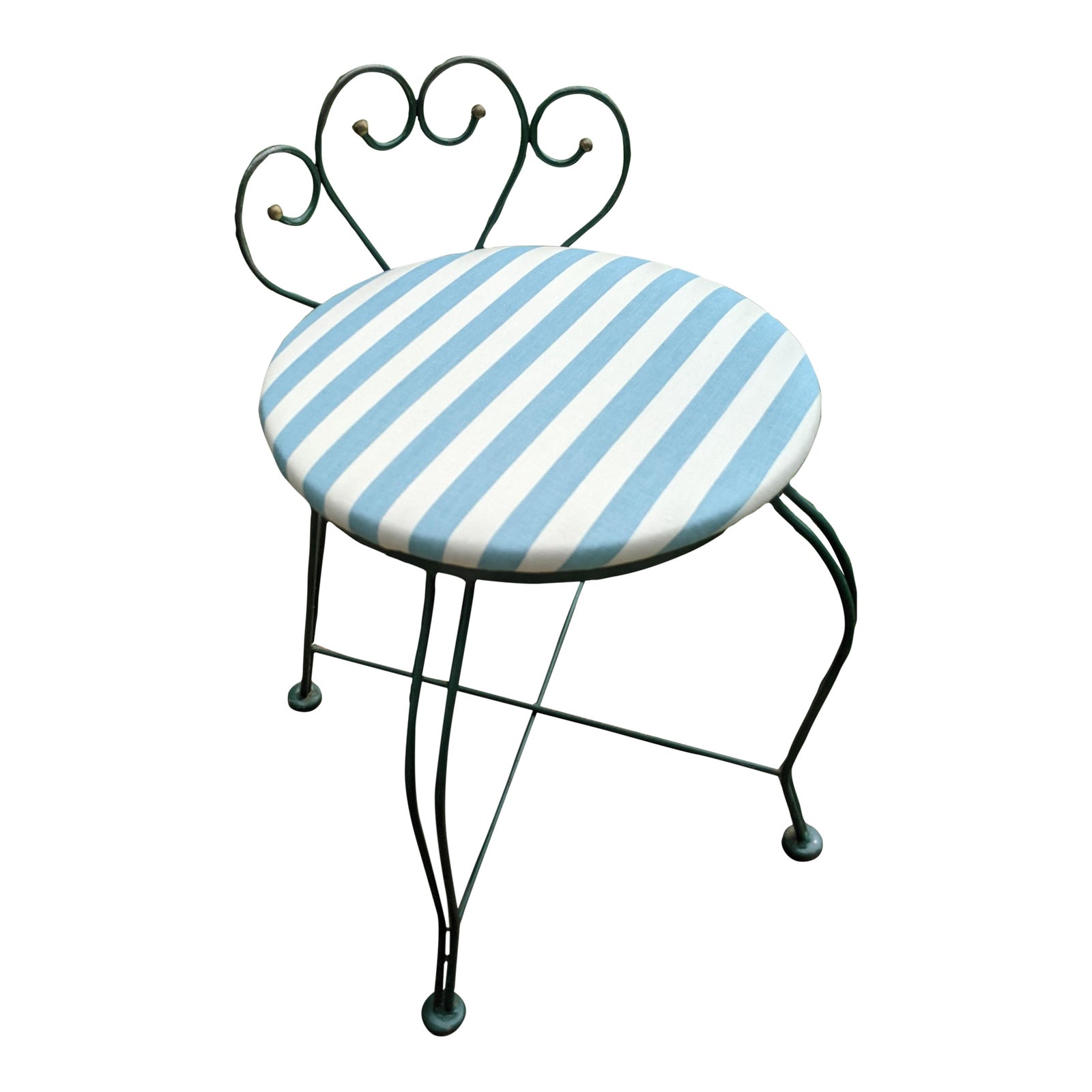 Vintage Wrought Iron Vanity Stool With Blue Cabana Stripe Seat Chairish