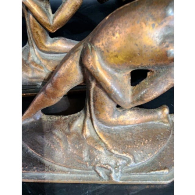 Copper Fantastic and Rare 1920s Cast Iron Art Nouveau Nude Woman Book Ends For Sale - Image 8 of 11