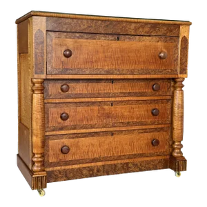 Mid-19th Century American Empire Tiger Maple Burlwood Laminate Four Drawer Chest Highboy