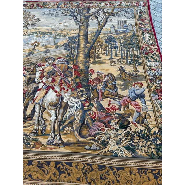 "Discover the timeless elegance of this exquisite vintage Flanders tapestry featuring a Maximilien Renaissance-style...