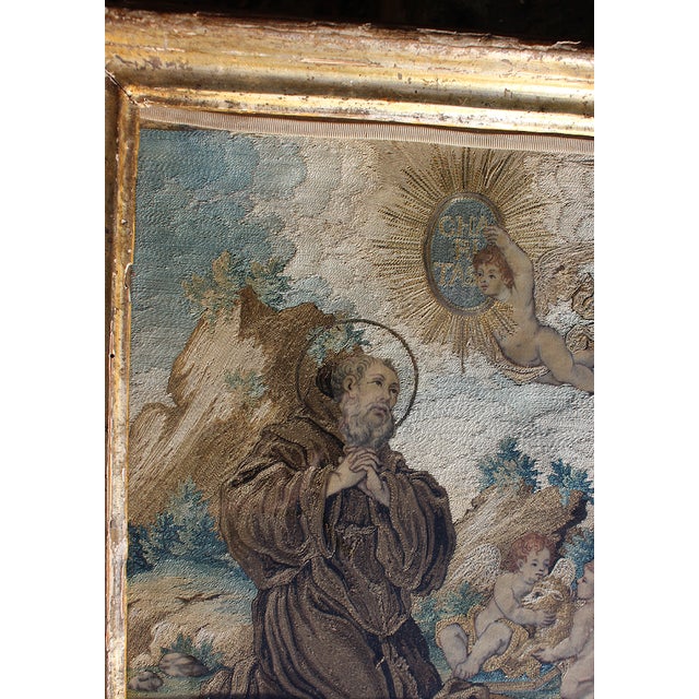 Spanish Embroidered & Painted Silk Panel Depicting the Saint Francis Paola.18th Spanish Embroidered & Painted Silk Panel...