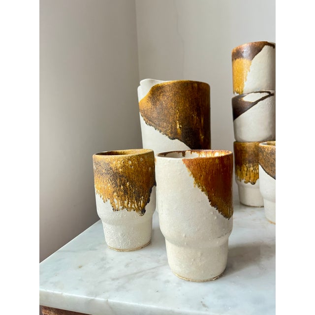 Mid-Century Modernist Studio Pottery Drip Glaze Ceramic Cups and Pitcher, 1960s, Set of 7 For Sale - Image 9 of 12