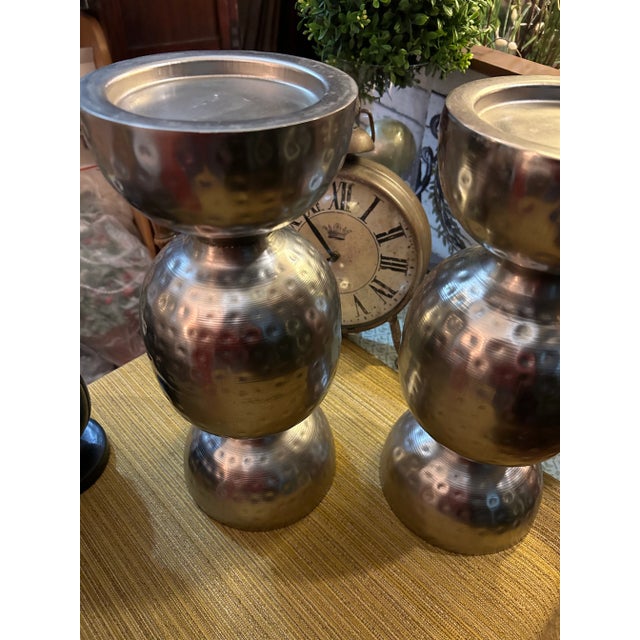 Large Pair of Vintage Farmhouse Hammered Metal Candle Holders. Oversized chunky chrome hammered finish metal candle...