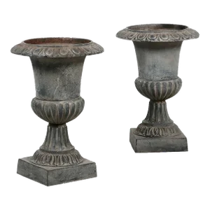 Vintage French Neoclassical 19" Cast Iron Garden Urns-A Pair
