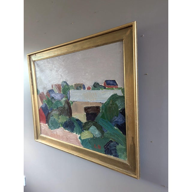 Mid-Century Modern 'Hillside Houses' Vintage Swedish Semi-Abstract Landscape Oil Painting, Framed For Sale - Image 4 of 12