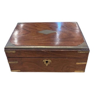 Vintage Wooden Jewelry Box With Brass Inlay For Sale