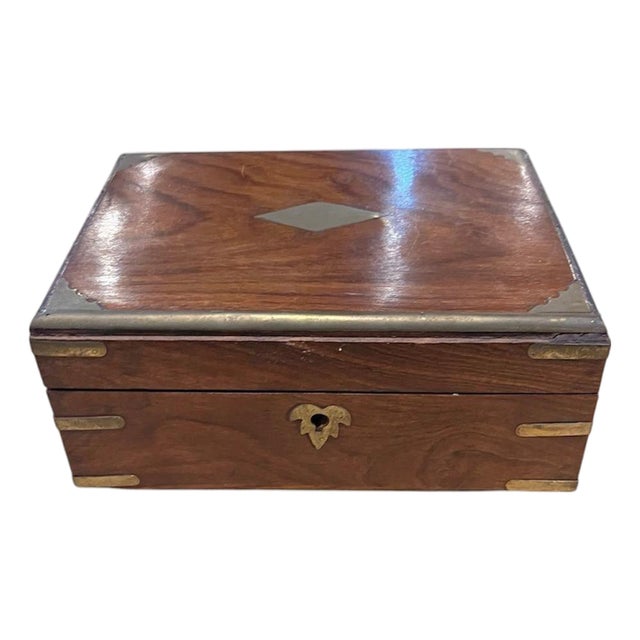 Vintage Wooden Jewelry Box With Brass Inlay For Sale