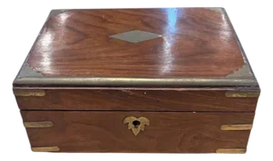 Vintage Wooden Jewelry Box With Brass Inlay