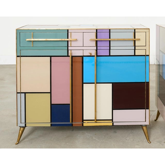 Pair Italian Midcentury Mondrian Style Glass Brass Cabinets For Sale - Image 4 of 18