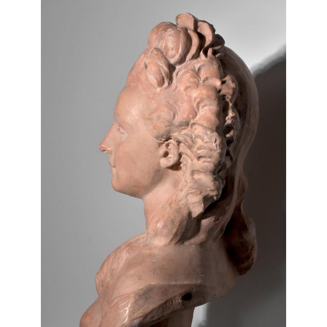 Important antique plaster bust with a terracotta patina, depicting Mademoiselle Luzy, the celebrated 18th-century actress...