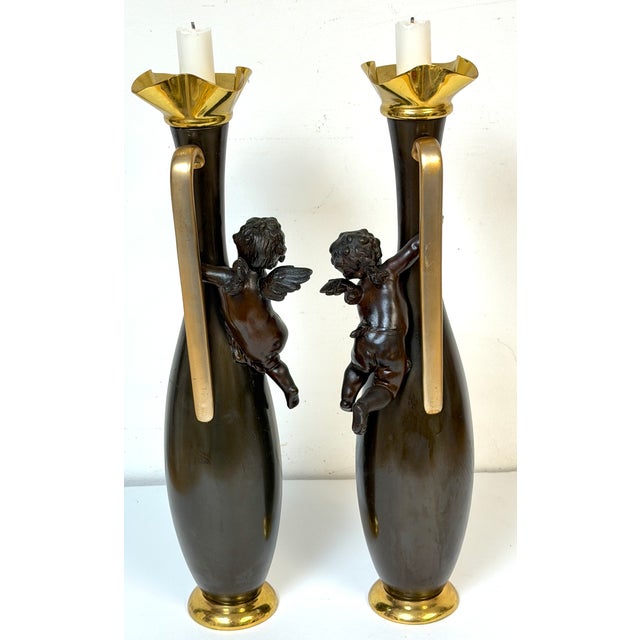 Pair 19th C. Gilt & Patinated Metal Cupid Candlesticks, After Auguste Moreau For Sale - Image 9 of 12