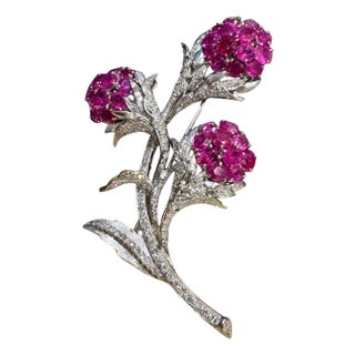 Vintage 14 Kt White Gold Diamond & 18 Ct Pink Sapp Floral Bouquet Broach 30.4 GM For Sale