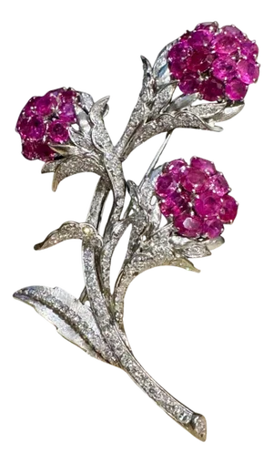 Vintage 14 Kt White Gold Diamond & 18 Ct Pink Sapp Floral Bouquet Broach 30.4 GM