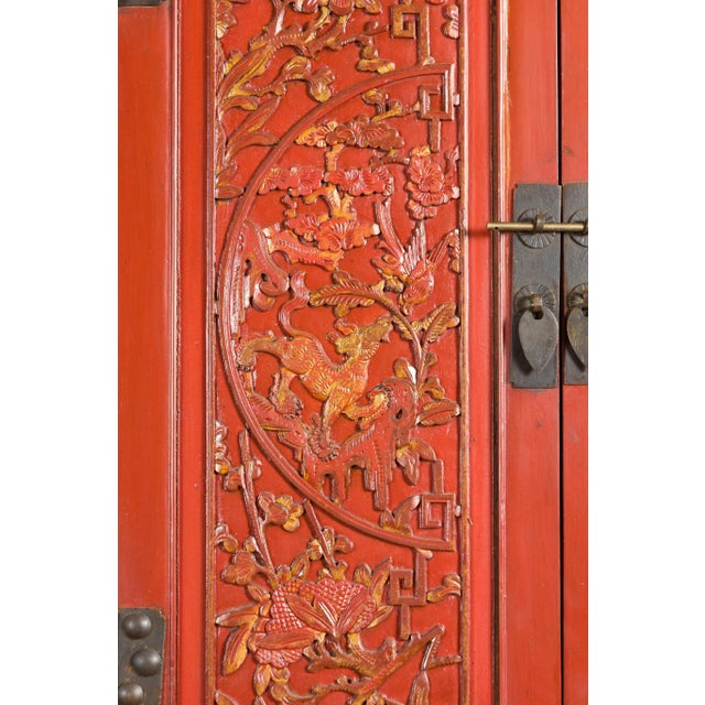 Late Qing Dynasty Red Lacquer Cabinet with Butterfly Hardware For Sale - Image 10 of 13