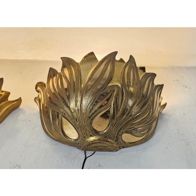 Gold Italian Gilt Metal Lotus Flower Wall Sconces, 1980s, Set of 2 For Sale - Image 8 of 13