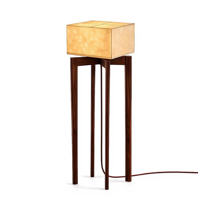Wood Handmade Black Walnut Floor Lamp With Natural Rawhide Shade — Mid-Century Modern Standing Lamp For Sale - Image 7 of 8