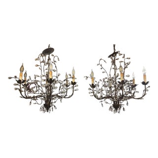 1940s French Pair of Wrought Iron and Crystal Branch Chandeliers For Sale