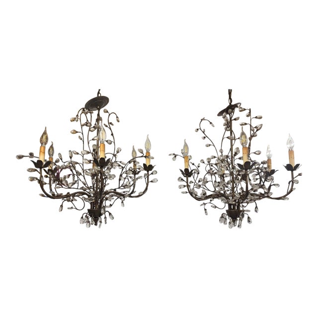 French Pair of Wrought Iron and Crystal Branch Chandeliers For Sale