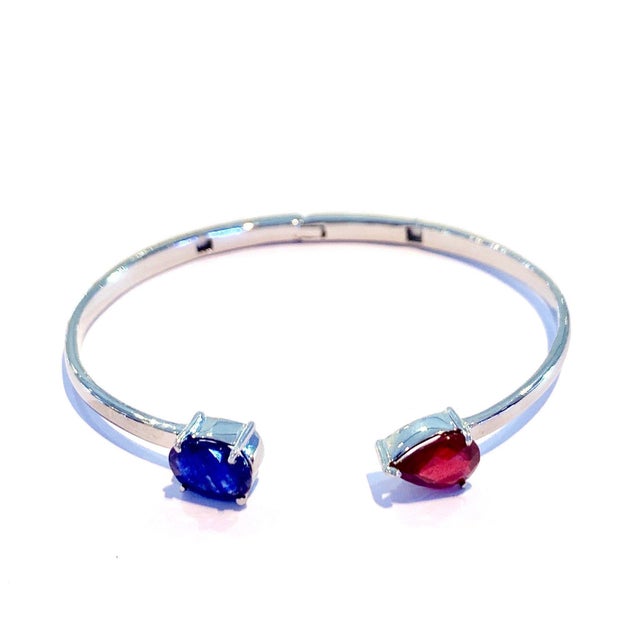 Bochic Silver & White Gold Plating Bangle with Red Ruby and Blue Sapphire For Sale - Image 4 of 6