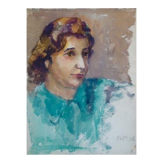 1930s Painting Watercolor Portrait of Woman in Blue For Sale