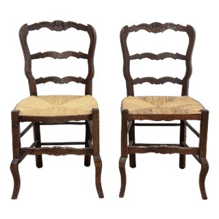 Antique French Country Style Carved Walnut Rush Seat Chairs, a Pair For Sale