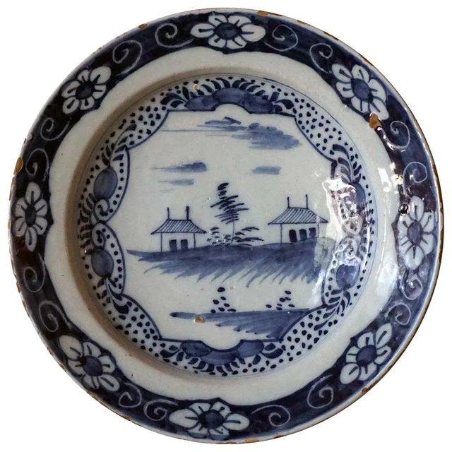 Dutch Chinese Export Style Delft Blue & White Pottery Plate For Sale In Denver - Image 6 of 6