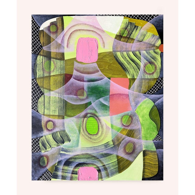 Contemporary geometric colorful abstract painting by Texas-based artist Max Manning. The work features organic and...