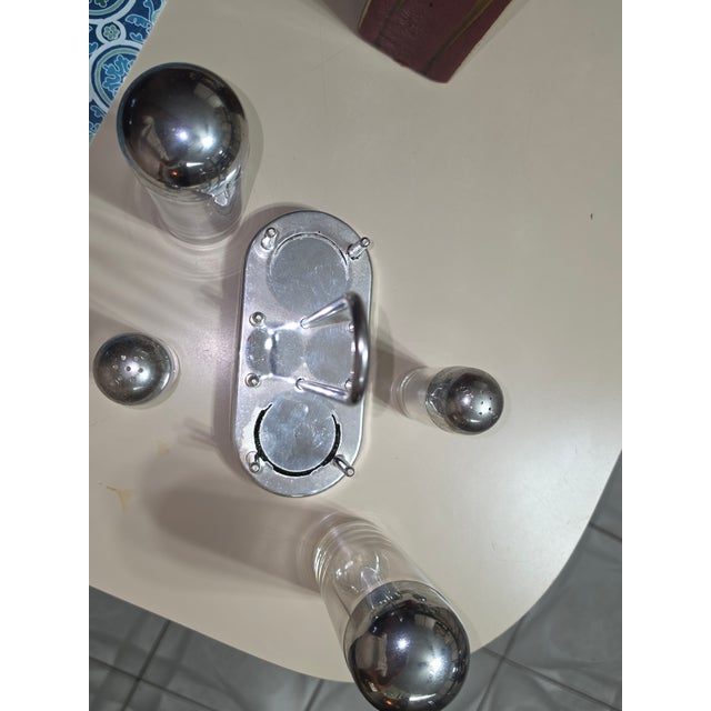 Mid 20th Century Mid 20th Century Alessi Condiment Service 5070 Design Ettore Sottsass Stainless Steel & Glass Memphis Design - 4 pcs with Holder For Sale - Image 5 of 5