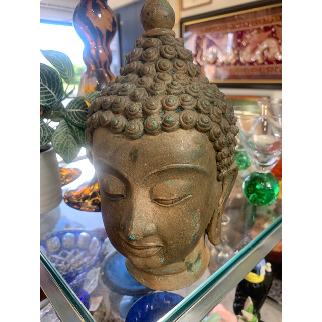Antique Bronze Buddha Head Bust – 8.5” Tall With Natural Patina For Sale - Image 4 of 12